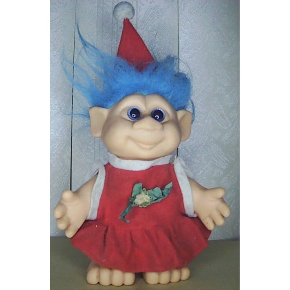 Vintage 1992 H.Y.I Troll Red Christmas Outfit & Hat Blue Hair 6"